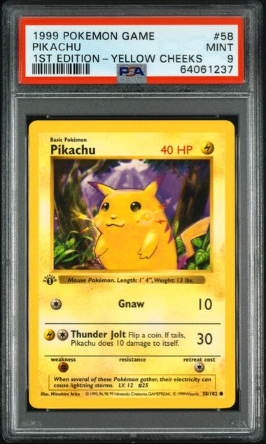 PSA 9 Pikachu 1st Edition Yellow Cheeks Base Set 58/102
