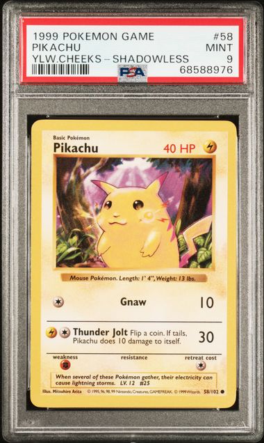 PSA 9 Pikachu Yellow Cheeks Shadowless 58/102