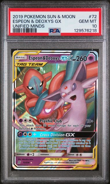 PSA 10 Espeon & Deoxys GX Unified Minds 72/236