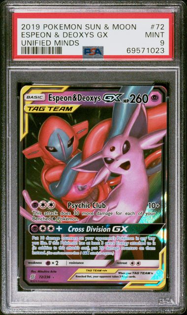 PSA 9 Espeon & Deoxys GX Unified Minds 72/236