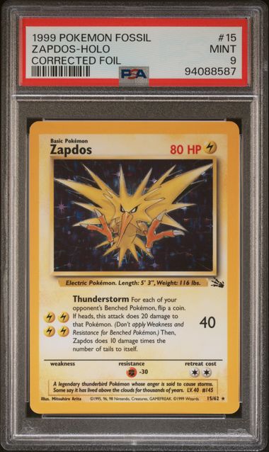 PSA 9 Zapdos Fossil 15/62 Corrected Foil